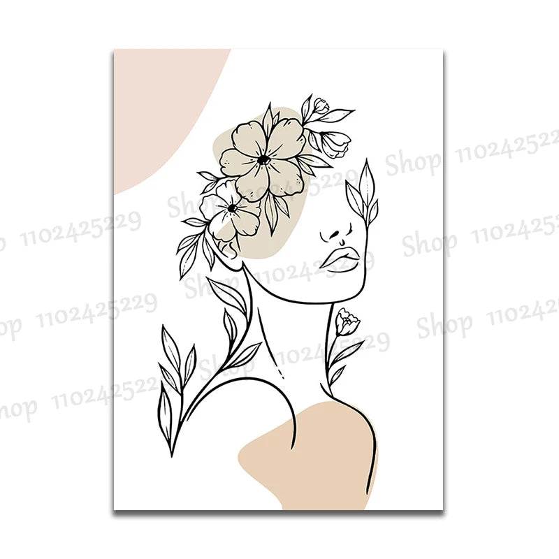 Wall Art Canvas Painting Line Girl Face Flowers Modern Minimalist Nordic Posters and Prints Wall Pictures for Living Room Decor