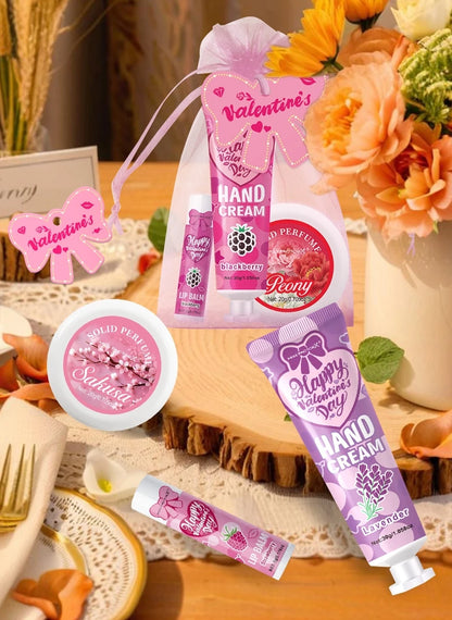 Gift sets 20PCS/box bulk thank you gifts assembly distribution lip balm hand cream perfume pink gift bag and bow card