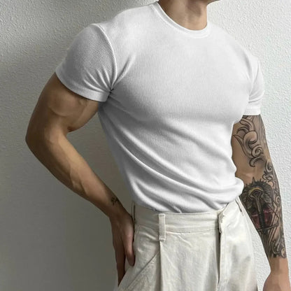 Summer Men Short Sleeve Slim Fitness T-Shirts Streetwear Fashion Solid Versatile Casual Sports Training Sweat Black Knitted Tops