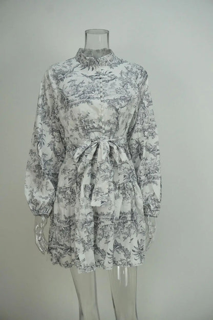 Autumn new women's clothing style elegant, fashionable, casual, sexy commuting long sleeved lace up Chinese style printed dress