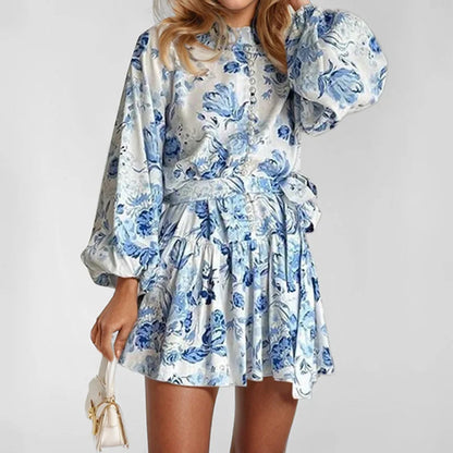 Autumn new women's clothing style elegant, fashionable, casual, sexy commuting long sleeved lace up Chinese style printed dress