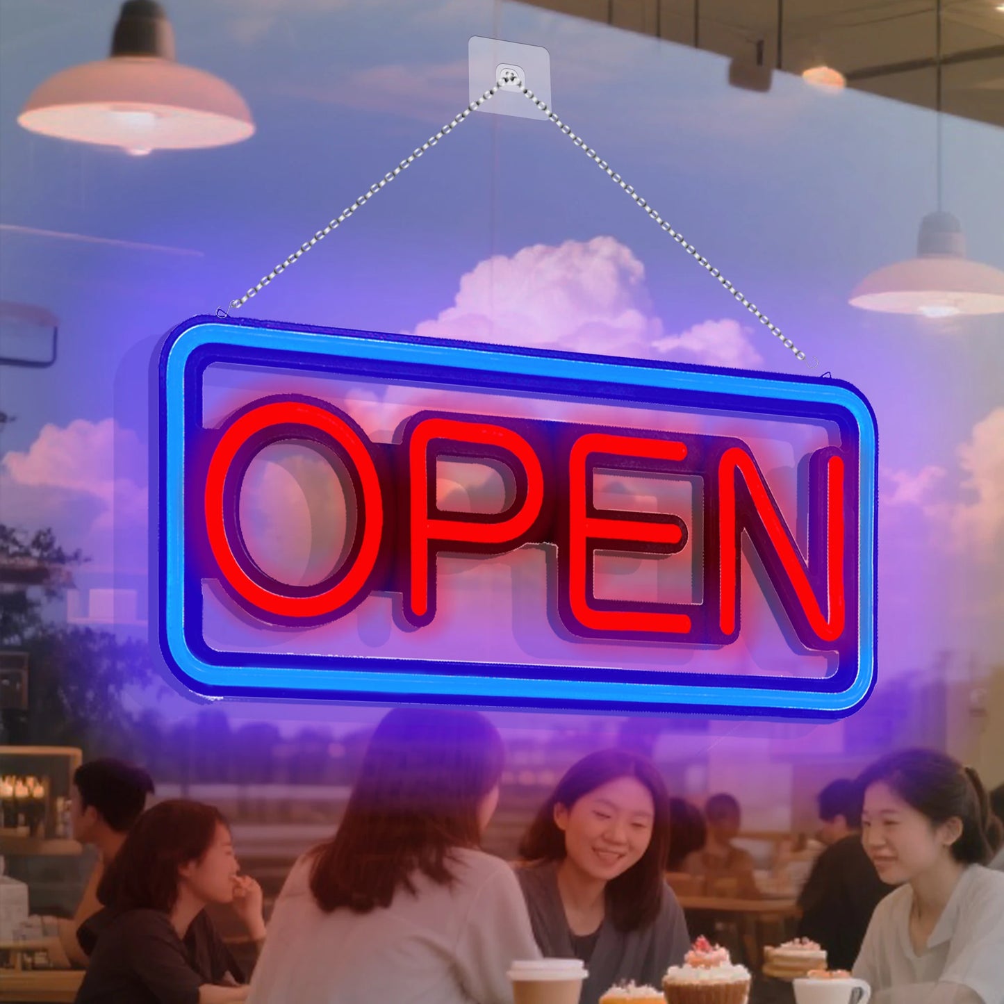 LED neon lights, store business signs, blue flashing lights, OPEN signs for shops and bars