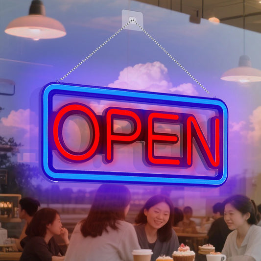 LED neon lights, store business signs, blue flashing lights, OPEN signs for shops and bars