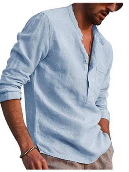 Men's Linen Long Sleeve Shirt - Stand Collar, Button-Front, Single Chest Pocket Casual Tops for Spring Summer