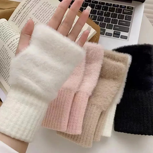 Fashionable Half Finger Gloves Suitable for Women's Soft and Warm Winter Luxurious Solid Color Plush Knitted Fingerless Gloves