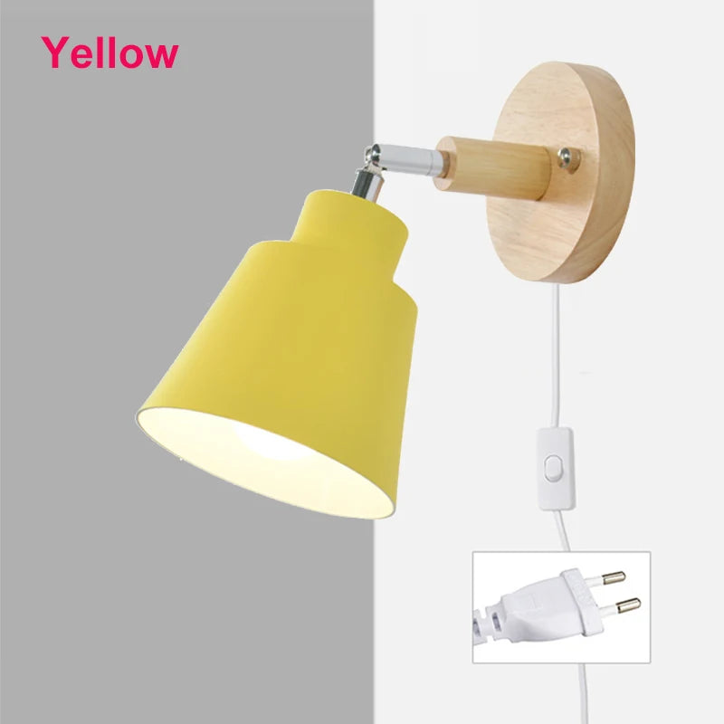 Nordic Wall Light Indoor DIY E27 Wooden 6 Colors EU/UL Plug 350° Wall Lamps for Living Room Bedroom Aisle Sconce Fixtures