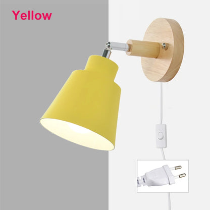 Nordic Wall Light Indoor DIY E27 Wooden 6 Colors EU/UL Plug 350° Wall Lamps for Living Room Bedroom Aisle Sconce Fixtures
