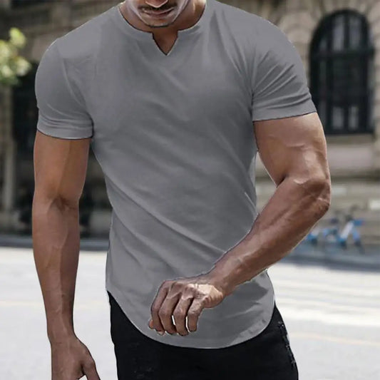 Long Type Slim Fit Men T-shirt V-Neck Short Sleeve Arc Hem T-shirt Summer Solid Color Tee Shirt Casual T-shirts Sports Tees