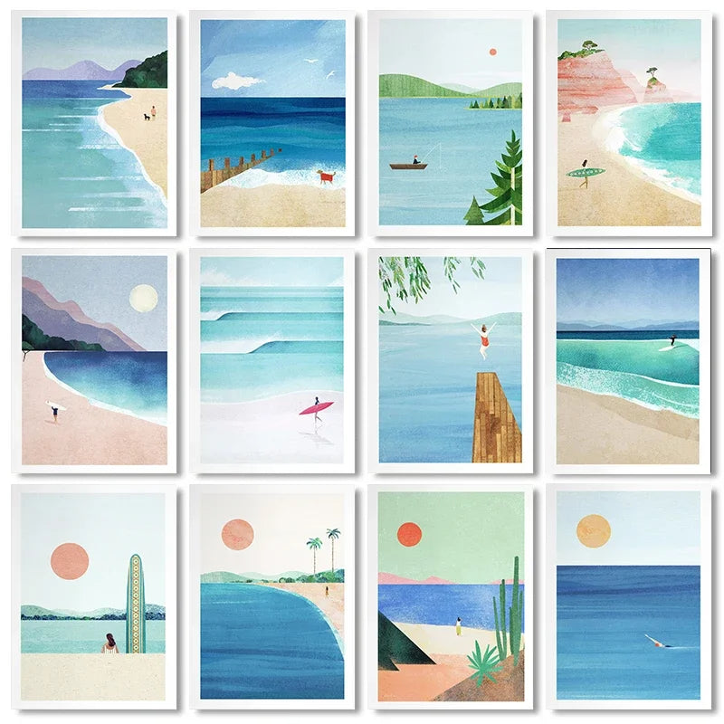 Canvas Painting Wall Art Picture Simple Outdoor Summer Beach Scenery Poster Sunset Surfers Swimming Ocean Living Room Home Decor