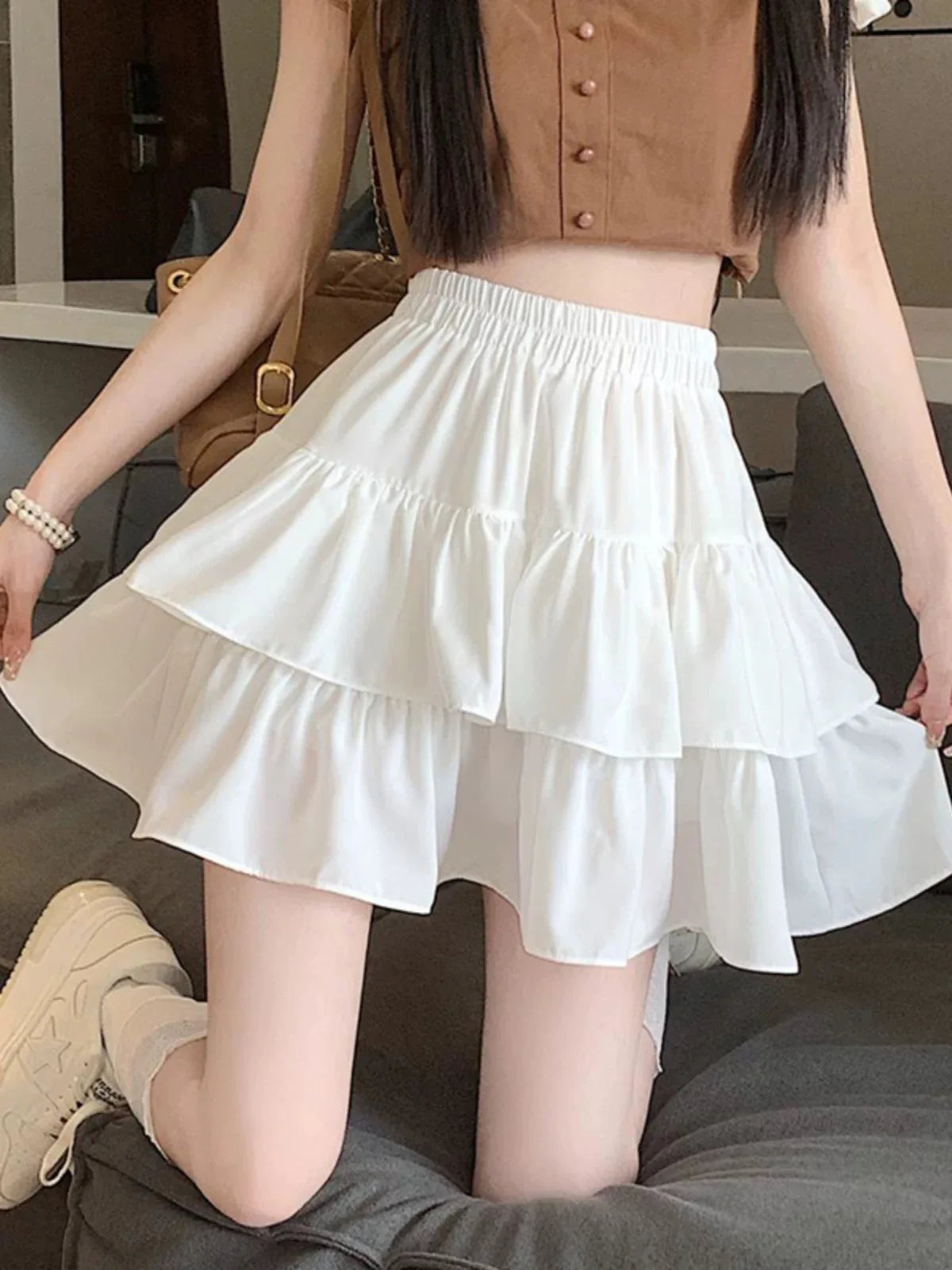 Summer Kawaii Mini A-line Skirt Adorable Flirty High Waist Ruffle Patchwork Lolita Ball Gown Y2K Korean Sweet Women's Clothing