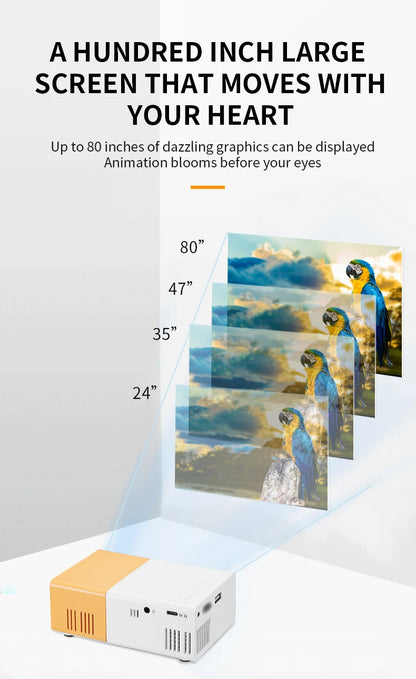 Portable mini projector, supports wired screen mirroring, support full HD 1080p, outdoor and indoor use, easily portable.