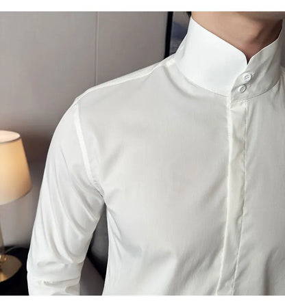Mens Slim Fit Stand Shirt Fashion High collar Shirts Men Spring Autumn Solid Color Long Sleeve Korean Style Smart Casual Shirts