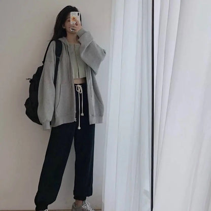 Oversized Hoodie Women Men  Thick Fleece Zip Up Sweatshirt Unisex Plain Color Loose Fit Casual Pullover M-5XL Cotton Loungewear