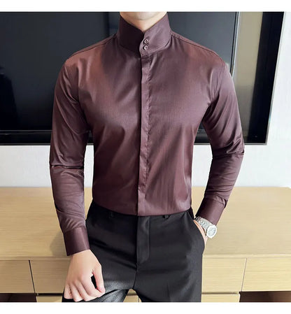 Mens Slim Fit Stand Shirt Fashion High collar Shirts Men Spring Autumn Solid Color Long Sleeve Korean Style Smart Casual Shirts