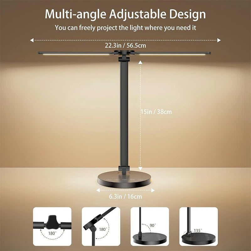 LED Desk Lamps Home Office Bright Double Swing Arm LED Desk Lamp with USB Charging Port Eye-Caring Task Lamp for Work Study