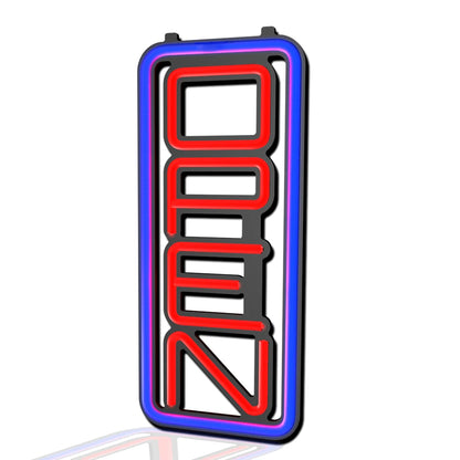 LED neon lights, store business signs, blue flashing lights, OPEN signs for shops and bars