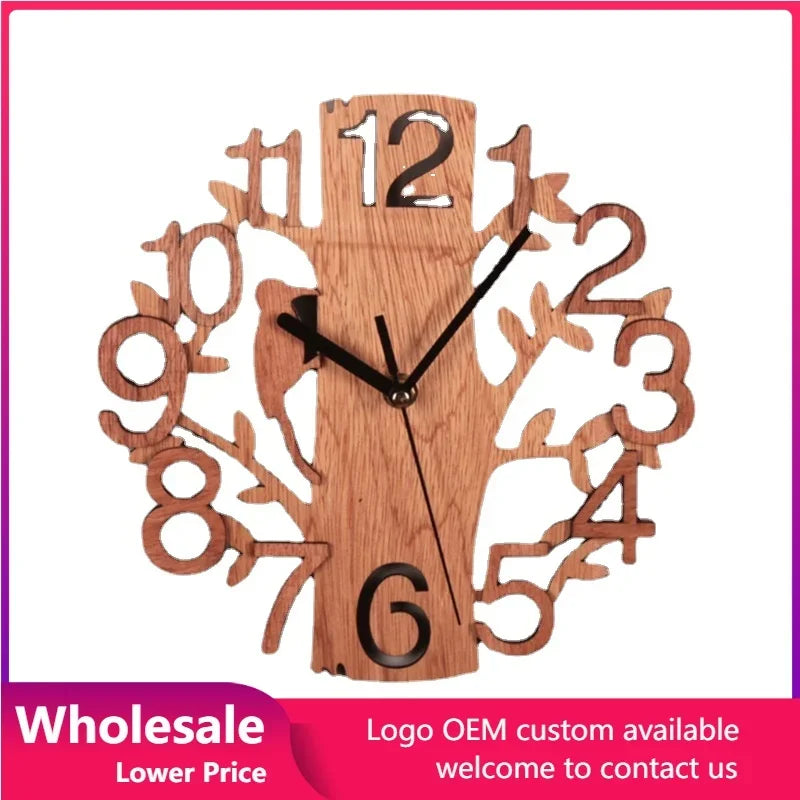3D Wall Clock 23cm Dia Creative  Tree Shaped with Bird Wooden Wall Clock Home Kitchen Office Decoration Number Silent Clock