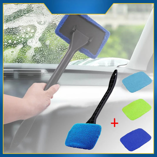 Car Window Cleaner Brush Kit, Microfiber Windshield Cleaning Tool, Auto Interior Glass Wash Wiper, Long Handle, Reusable Cloth P