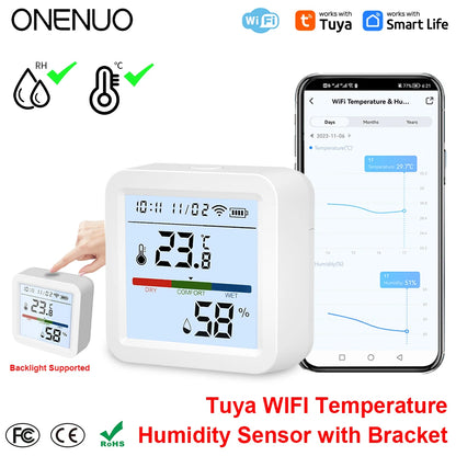 ONENUO Tuya WIFI Temperature Humidity Sensor Hygrometer Thermometer Smart Home Backlight Smart Life Support Alexa Assistant