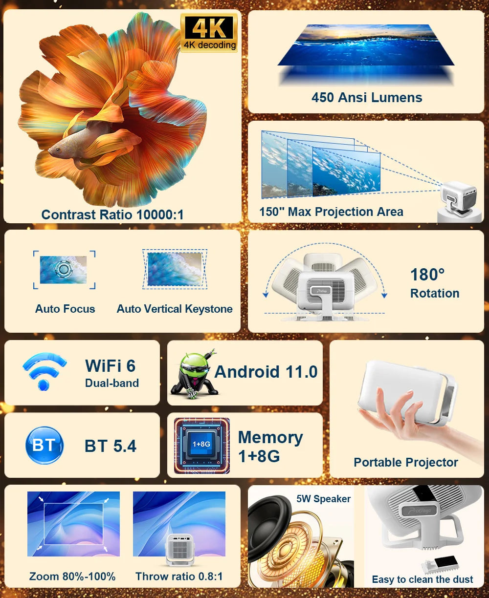 PROGAGA PG370 1080P Full HD Projector For Movie WiFi Android Projector 4K PG370 Smart TV Home Theater Mini Portable Video Beamer