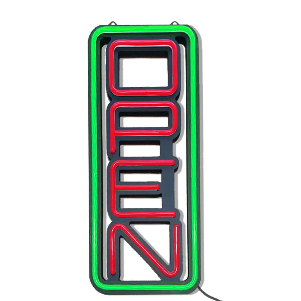 LED neon lights, store business signs, blue flashing lights, OPEN signs for shops and bars