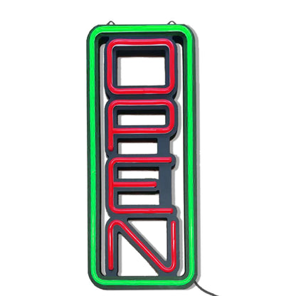 LED neon lights, store business signs, blue flashing lights, OPEN signs for shops and bars