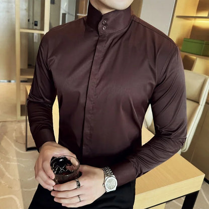 Mens Slim Fit Stand Shirt Fashion High collar Shirts Men Spring Autumn Solid Color Long Sleeve Korean Style Smart Casual Shirts