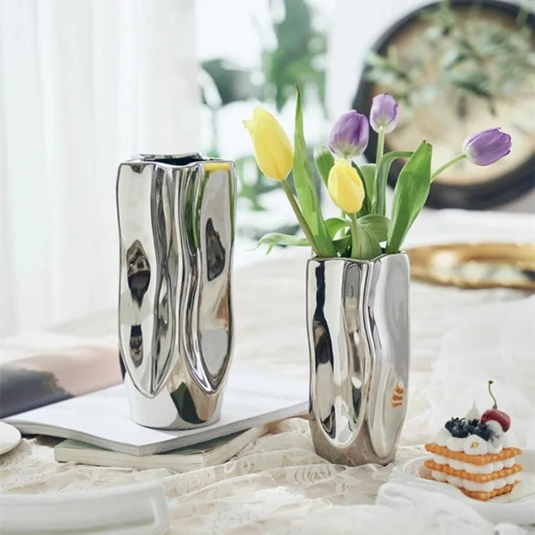 Ceramic Vase Luxury Electroplated Silver Flower Arrangement Irregular Porcelain Hydroponic Vase Ornament Interior Art Decoration