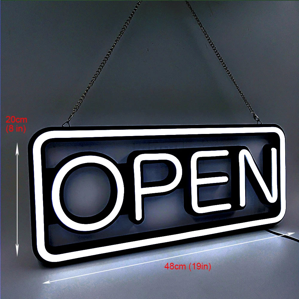 LED neon lights, store business signs, blue flashing lights, OPEN signs for shops and bars