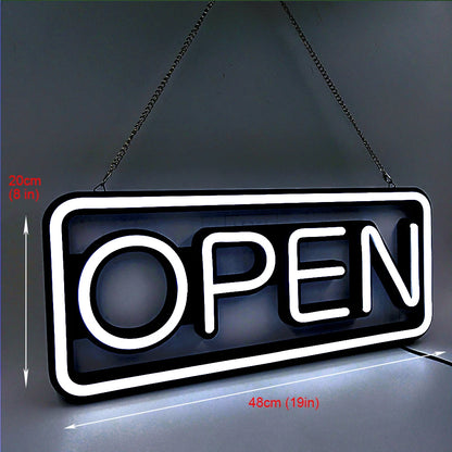 LED neon lights, store business signs, blue flashing lights, OPEN signs for shops and bars