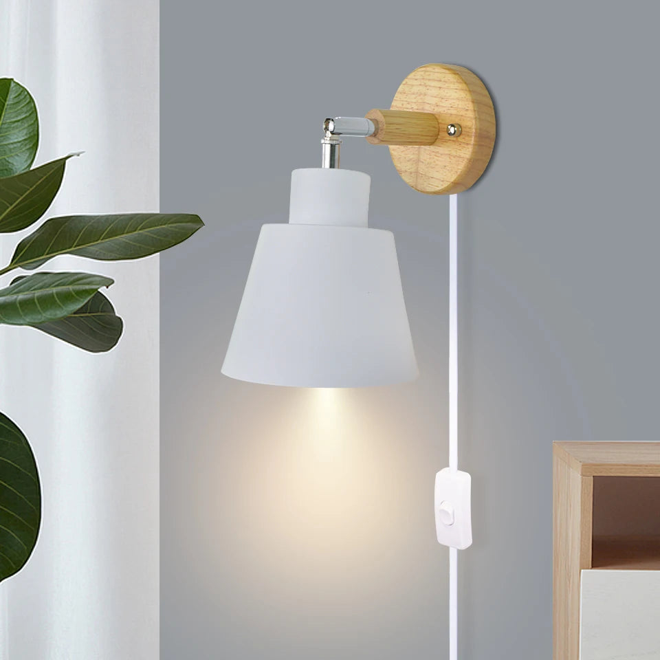 Nordic Wall Light Indoor DIY E27 Wooden 6 Colors EU/UL Plug 350° Wall Lamps for Living Room Bedroom Aisle Sconce Fixtures