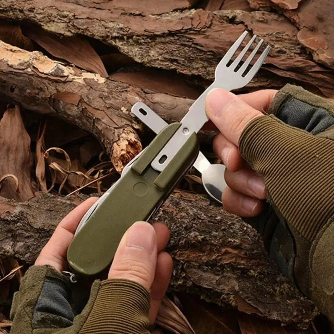 Stainless Steel 7 in 1 Camping Cutlery Set - Foldable Multifunctional Outdoor Tableware with Fork Spoon Knife for Picnic Hiking