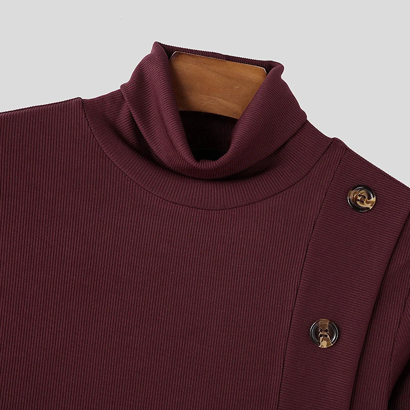 Stretch Slim Fit Bottoming T Shirts Mens Spring Trendy Irregular Button Design T-shirts Fashion Solid Color Men Turtleneck Tees
