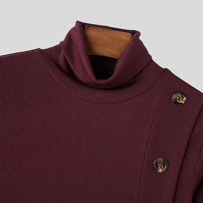 Stretch Slim Fit Bottoming T Shirts Mens Spring Trendy Irregular Button Design T-shirts Fashion Solid Color Men Turtleneck Tees