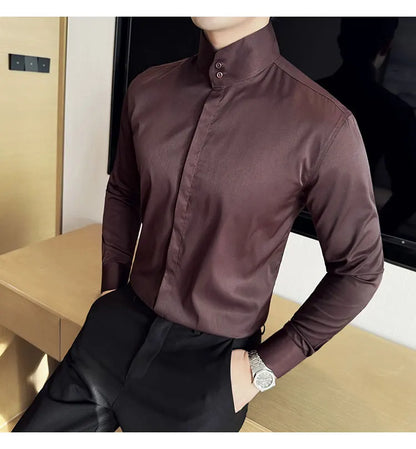 Mens Slim Fit Stand Shirt Fashion High collar Shirts Men Spring Autumn Solid Color Long Sleeve Korean Style Smart Casual Shirts