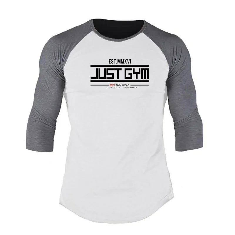 Men Slim Fit Sport Casual Sport T-shirts Gym Fitness Muscle Three Quarter Shirts Autumn Breathable Cotton Bodybuilding Clothing