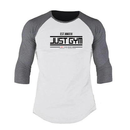 Men Slim Fit Sport Casual Sport T-shirts Gym Fitness Muscle Three Quarter Shirts Autumn Breathable Cotton Bodybuilding Clothing