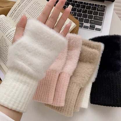 Autumn Winter Soft Mink Fleece Half Finger Gloves Women Plush Knitted Fingerless Gloves Wrist Mittens Driving Writting Gloves