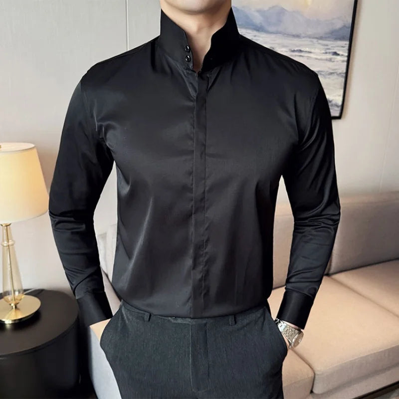 Mens Slim Fit Stand Shirt Fashion High collar Shirts Men Spring Autumn Solid Color Long Sleeve Korean Style Smart Casual Shirts