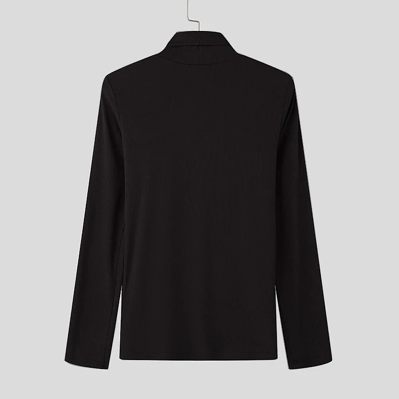 Stretch Slim Fit Bottoming T Shirts Mens Spring Trendy Irregular Button Design T-shirts Fashion Solid Color Men Turtleneck Tees