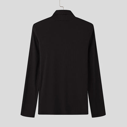 Stretch Slim Fit Bottoming T Shirts Mens Spring Trendy Irregular Button Design T-shirts Fashion Solid Color Men Turtleneck Tees