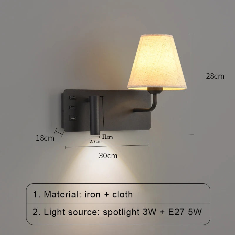 Nordic LED Wall Lamp Modern with Switch USB Wall Light Indoor Light Room Decor Reading Sconces For Hotel Bedside Bedroom Fixture