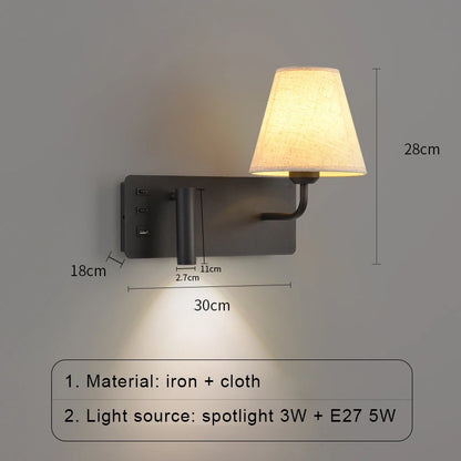 Nordic LED Wall Lamp Modern with Switch USB Wall Light Indoor Light Room Decor Reading Sconces For Hotel Bedside Bedroom Fixture