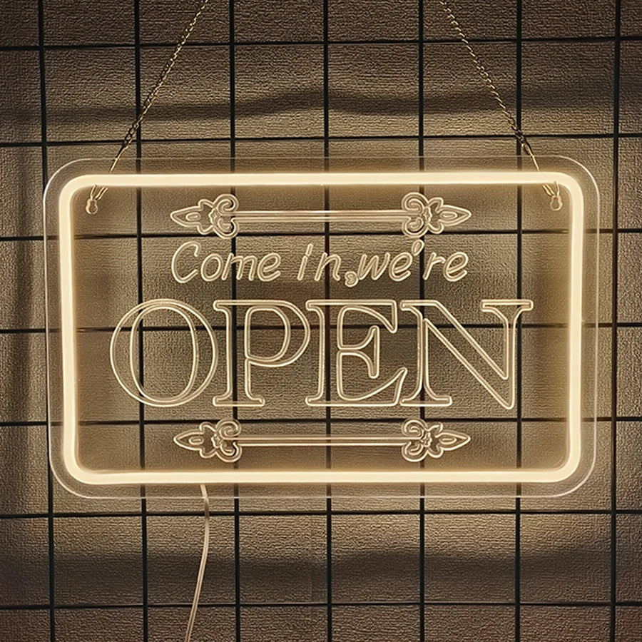 LED Neon Open Sign for Business, Led Neon Lights for Party Bar Salon Stores Hotel Wall Decor Come in we're Open,USB Powered