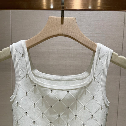 Sexy Diamond Rhinestone Vest Top Strapl Square Collar Base Knittedwear Breathable Pure Color Commute Sle Women's Tank Top