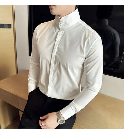 Mens Slim Fit Stand Shirt Fashion High collar Shirts Men Spring Autumn Solid Color Long Sleeve Korean Style Smart Casual Shirts