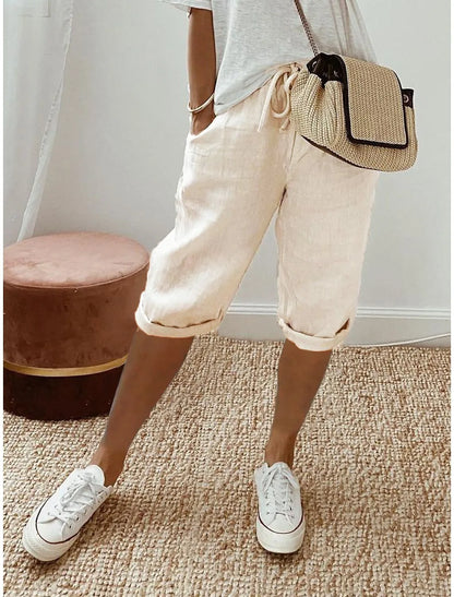 Shorts Women summer cotton linen elastic waist pocket elastic casual pants five quarter women's clothing YRW911