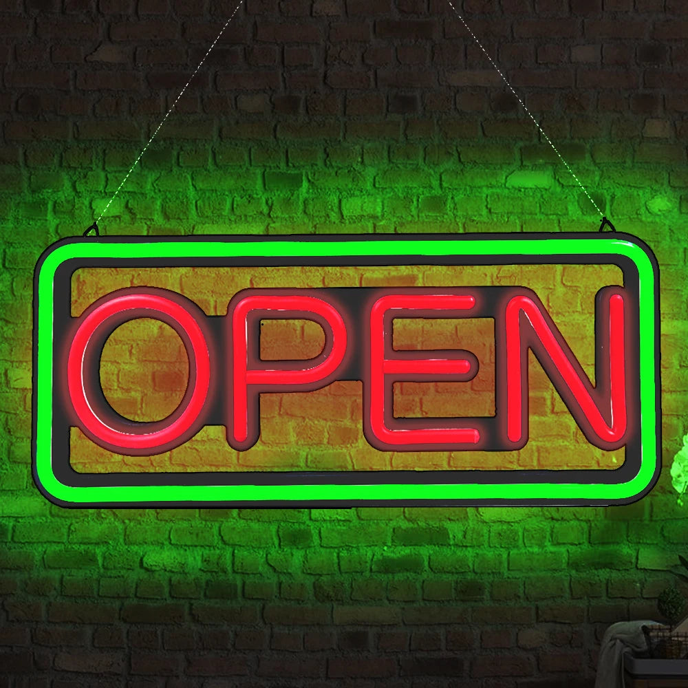 LED neon lights, store business signs, blue flashing lights, OPEN signs for shops and bars