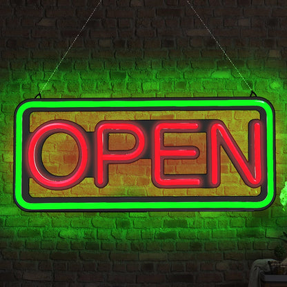 LED neon lights, store business signs, blue flashing lights, OPEN signs for shops and bars