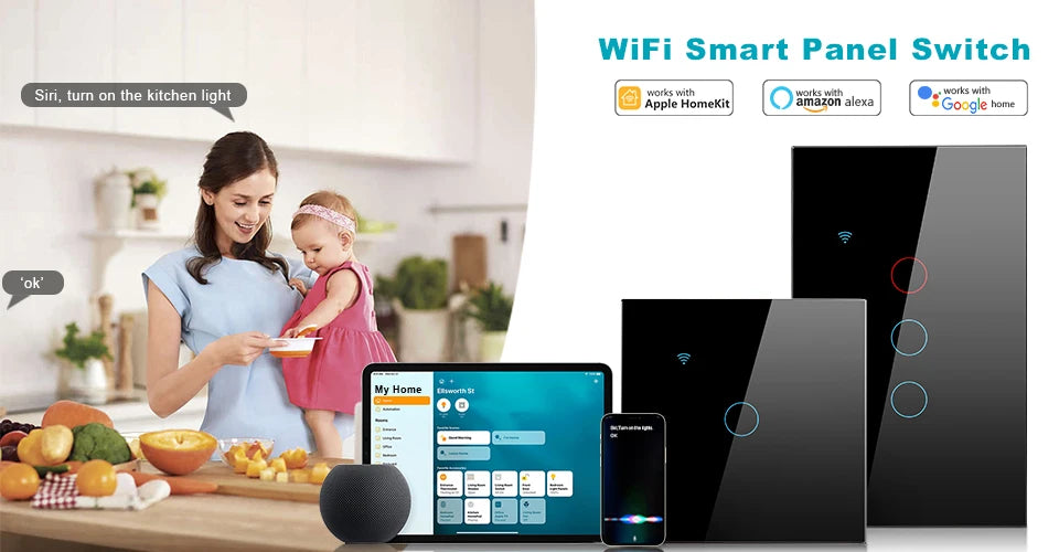 Work with Tuya WIFI Smart Home Wireless Remote Control Switch Light Wall US/EU Glass Touch Panel Voice by Alexa Google Home